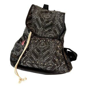 Candie's Canvas Drawstring Backpack Black Floral Dotted Purse Studded Accent